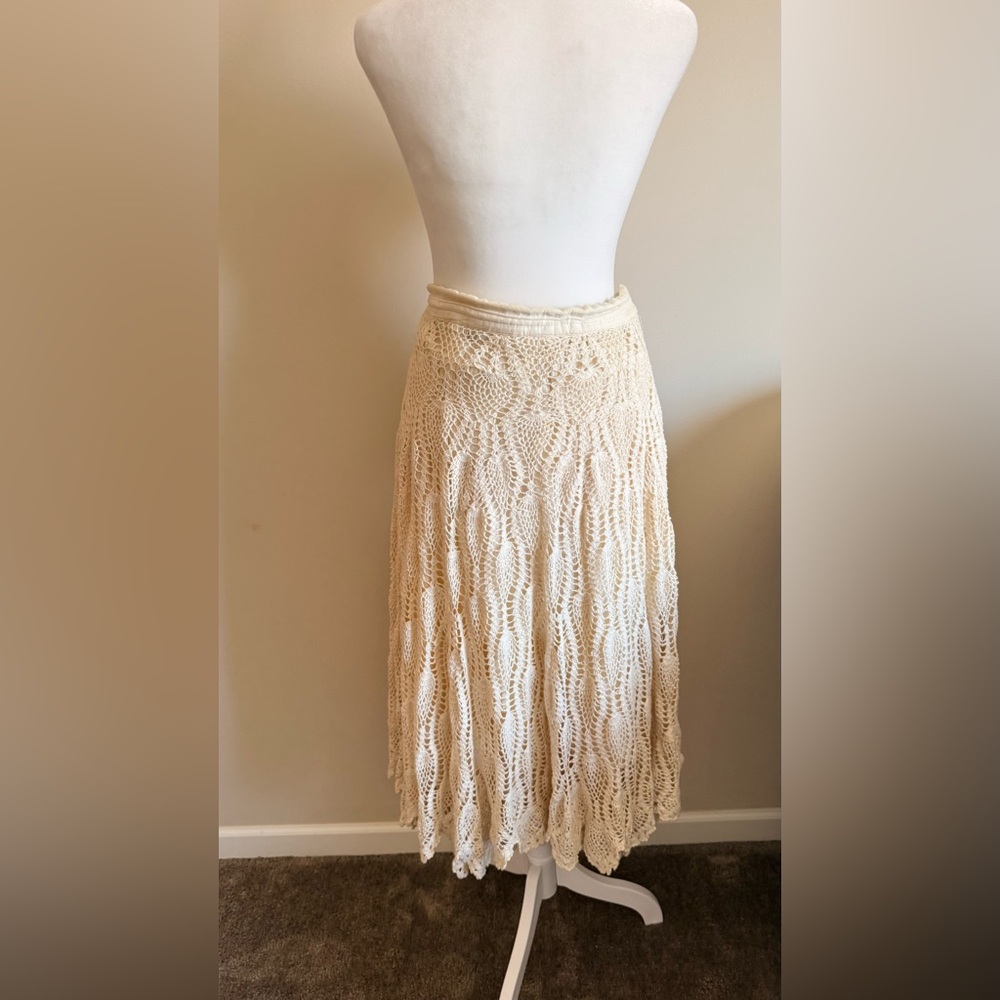 Vintage Crochet Knit Midi Skirt – Cream Boho Festival Cottagecore 🤍